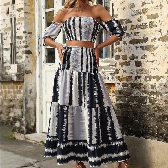 🔲 BOHO BLACK NAVY GREY HIGH WAIST MAXI SKIRT + CROP TOP SET! - Picture 1 of 8